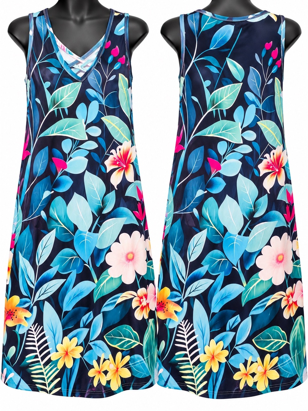 Tropical Floral Sleeveless A-Line Dress Navy Teal Pink Size L